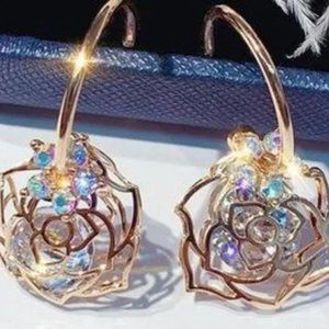 Zircon Flower Dangle Earrings Exquisite Gold Color Rose Crystal Drop E…